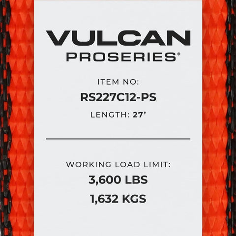 Label of Ratchet Straps With Chain Anchors, 2 Inch Wide By 27 Feet Long, ProSeries Set, 3600 Pound Safe Working Load, Optic Orange Webbing