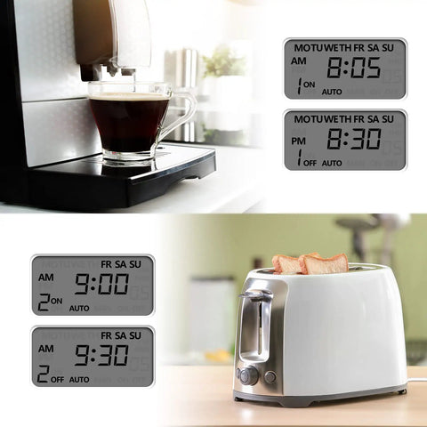 Indoor Digital Timer Outlet With Eight On Off Programs For Lamps And Fans showing digital time settings and appliances