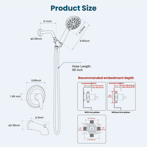 Rock Solid Matte Black Tub And Shower Faucet Set With Internal Valve Six Spray Handheld Head dimensions diagram with size details.