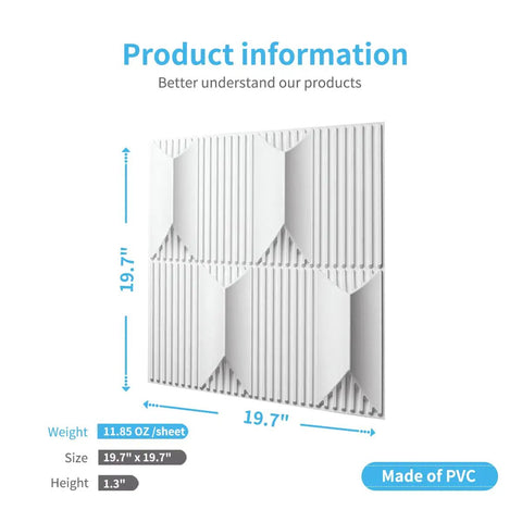 Big 3D Diamond Pattern PVC Wall Panels 19.7 By 19.7 Inches White Pack Of 12 Tiles For Fast DIY Interior Decor Real Textured Look Easy Install Covers Large Areas product dimensions and weight