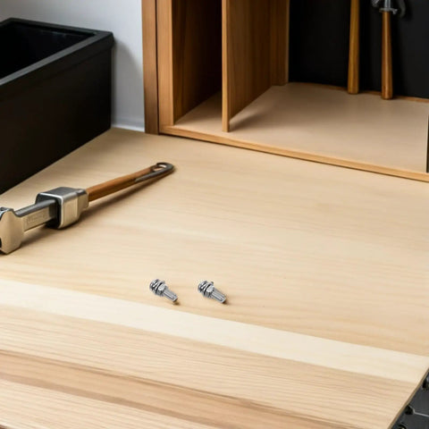 Solid Stainless Steel 108 Piece Machine Screw Nuts And Washers Assortment Kit Bolts on a workbench with tools.