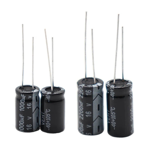 Must-Have Electrolytic Capacitor Assortment Kit For DIY Electronics, close-up of aluminum caps 1000uF, -40C to 105C, 16V sizes shown