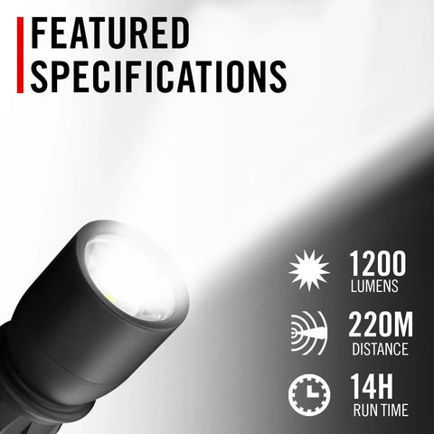 XP9R 1200 Lumen USB-C Rechargeable Dual Power LED Flashlight With Pure Beam Slide Focus specifications, beam distance, and runtime.