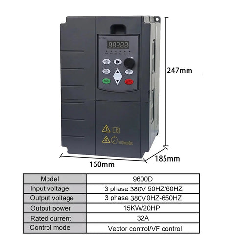 Pro Grade 15KW 20HP 20CV VFD Inverter For 3 Phase Motors 380V AC Variable Frequency Drive With Easy Speed Control And Durable Frequency Converter For Industrial Machinery, 247mm x 160mm x 185mm