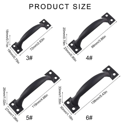 4 Pack Barn Door Pulls Metal Handles For Cabinets, Drawers, Wood Gates, Iron Furniture Knob Set With Arched Grip, Product Size Chart