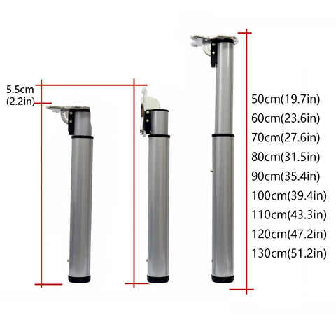 Adjustable Metal Furniture Legs Telescoping Support Feet shown in various heights 50 to 130 cm with measurement details, steel material.