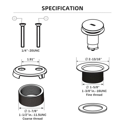 Specification diagram of Universal All Metal Bath Tub Drain And Overflow Kit With Easy Install, showing dimensions and threads.