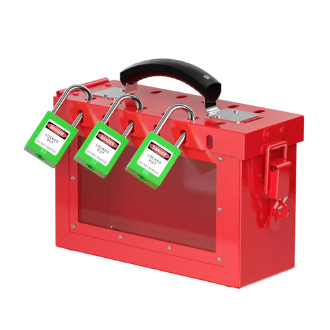 Heavy Gauge Stainless Steel Lockout Tagout Padlocks With 5 Pack Keyed Different Green Safety Locks And OSHA Compliant Lototo Set on red safety box