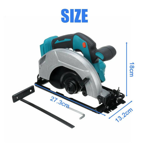 No Cord Hassle Cordless Circular Saw 18V Lithium Power Tool, showing steel base and safety features, dimensions 18cm x 27.3cm.