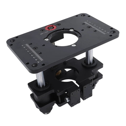 Rock Solid Router Lifting System With Slick Crank Adjustment, Sturdy Aluminum Alloy Router Riser, top view, precision tuning features.
