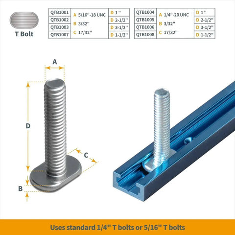 Close-up of T bolt on Double-Cut Universal T-Track And Intersection Kit, showing fit for 1/4" or 5/16" T bolts, for drill press tables.