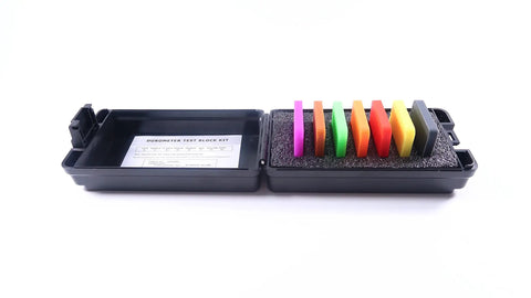 Shore A Durometer Hardness Test Block Kit With 7 Color Blocks For Quick Rubber Hardness Checks in black case open view