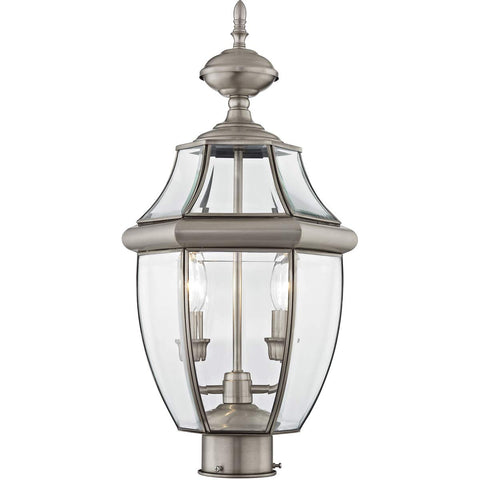 Monterey Two Light Outdoor Post Head Light in Brushed Nickel Finish with Solid Brass Construction and Clear Beveled Glass Classic Outdoor Lantern