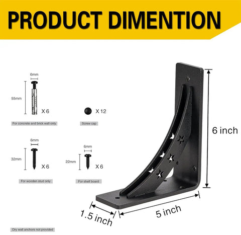 Rock Solid Heavy Duty Shelf Brackets Handle Up To 900 Lbs Matte Black 6x5 inch detailed product dimensions image