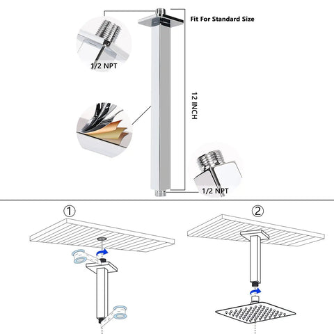 Installation guide of Rain Shower Head With Arm And Square Ceiling Mount, 16 Inch Stainless Steel Chrome Finish, 12 inch arm.