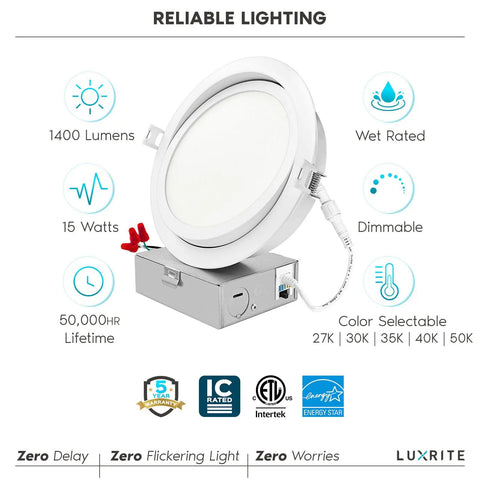 6 Inch Gimbal LED Recessed Downlights For Easy Install, 5 Color Temperature Options 2700K To 5000K, 1400 Lumens, product image