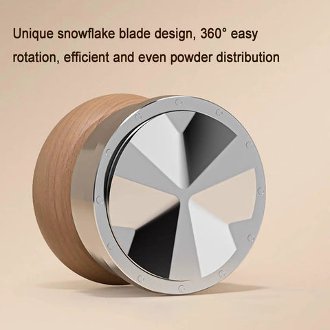 Unique snowflake blade design espresso distribution tool, 360° rotation for even powder, stylish wooden and stainless steel materials.