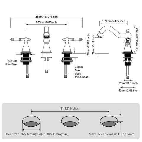 Diagram of Slick Oil Rubbed Bronze 8 Inch Widespread Bathroom Sink Faucet With Drain, Double Lever Handle, 3-Hole Mount
