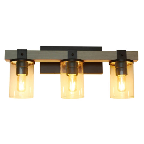 Industrial Rustic Lantern Bath Vanity Light 3 Light Cool Gray Wood Look With Clear Glass Cylinders Uplight Hardwired Espresso Brown