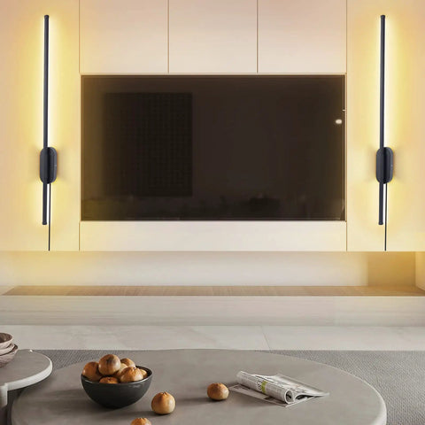 Set Of Two Black Matte Plug In Wall Sconces With Cord Switch LED Linear Wall Lights Sleek Slim Design in modern living room