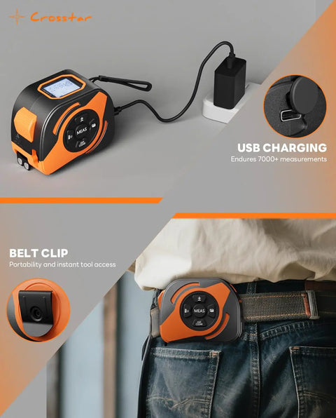 Built Tough 2 In 1 Laser Tape Measure With 197 Foot Range And Bright Green Beam paired with USB charging feature and belt clip.