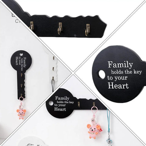 Old School Key Shaped Wall Mounted Coat Hooks Rack In Durable Black Oak Wood For Entryways And Closets Decorative Hanging Organizer close-up view with hooks and keychain.