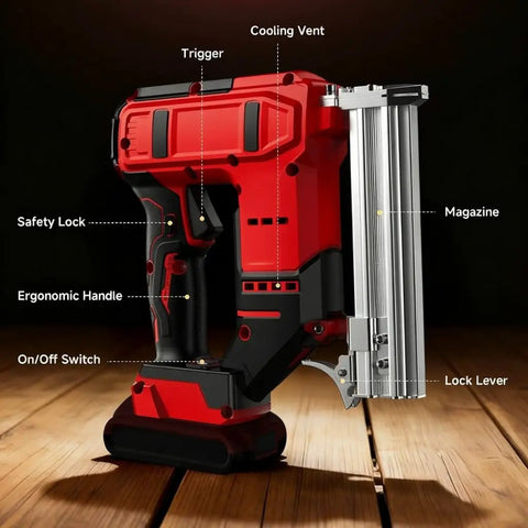 Heavy Duty 2 In 1 Cordless Brad Nailer And Stapler showcasing ergonomic handle, safety lock, and magazine for woodworking.