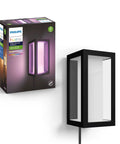 Impress Outdoor Smart Wall Light With Color Ambiance LED, 16W Black Finish, Weatherproof, black rectangular outdoor light with box