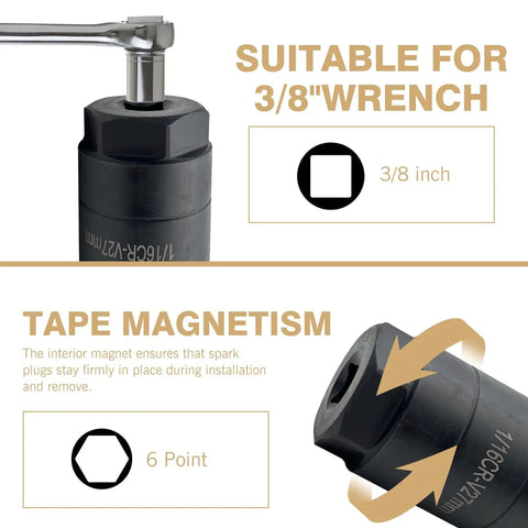 Oil Pressure Sensor Socket Kit For Three Eighths Drive Six Point Pro Auto Socket Fits One And One Eighth Inch Hex Wrench Gas Pressure Switch Socket For Quick Removing And Installing Oil Sending Unit, showing 3/8 inch wrench compatibility and tape magnetism feature.