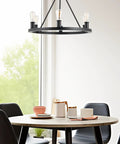 Homestead 24 Inch 6 Light Wagon Wheel Chandelier Black And Gray Oak Wood Finish Industrial Rustic Farmhouse Ceiling Pendant