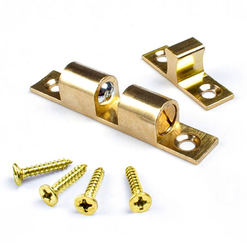 9 Piece Copper Door Ball Catches Set With Nickel Plated Cabinet Tension Latches 35mm, screws, and metal construction close-up