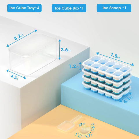 Four Pack Silicone Ice Cube Trays With Lid And Storage Bin Includes Scoop For Effortless Freezer Organization, measuring sizes shown.