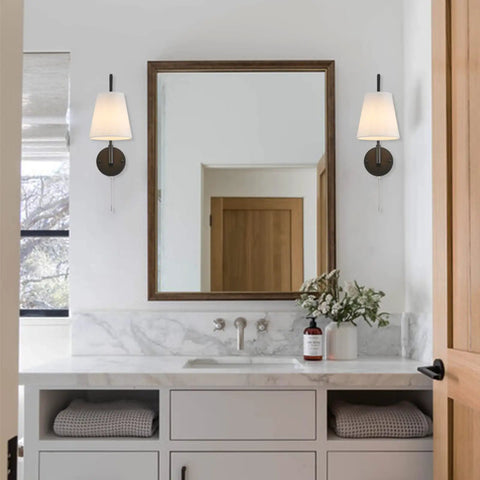 Hardwired Wall Sconces Set Of Two With 180 Degree Swing Arm Matte Black Dope Industrial Vintage Lighting White Fabric Shade in Bathroom