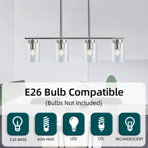 Four Light Brushed Nickel Island Pendant Lights With Clear Glass Shades for Kitchen Island showing bulb compatibility icons