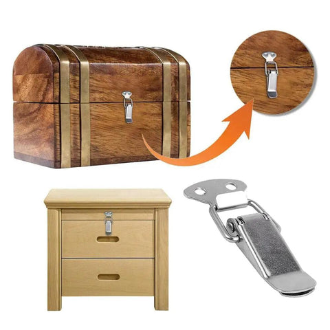 10 Pack Stainless Steel Spring Loaded Toggle Latch Clips For Cabinets shown with chest and drawer application