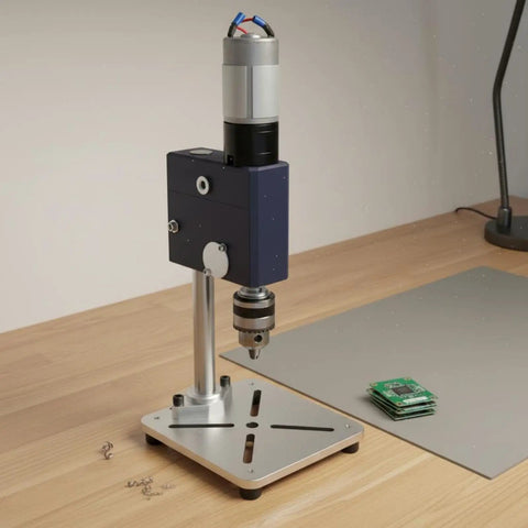 Bothyi Miniature Desktop Drill Press Workbench Tool Vertical Precision Boring compact footprint with stable metal housing on workbench.
