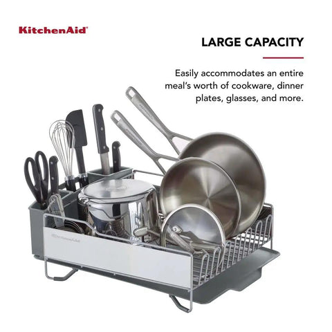 Full Size Countertop Dish Rack Heavy Duty Organizer With Angled Draining Surface Removable Utensil Basket Non Slip Base Slick Rust Resistant Finish Straight Up Effortless Drying System In Light Grey with pots and utensils.