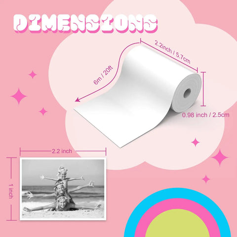 10 Rolls White Thermal Paper Refill For Kids Cameras 57x25mm 2.24x16 In Each Roll Not Self Adhesive Prints 70 To 90 Photos Per Roll And Works With Most DIY Instant Kid Cameras. roll dimensions shown on pink background