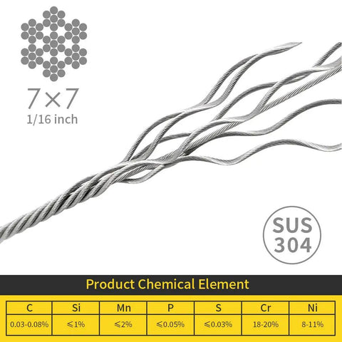Top Shelf 304 Stainless Steel Wire Rope One Sixteenth Inch Thick 328 Foot Spool seven by seven cable chemical composition details