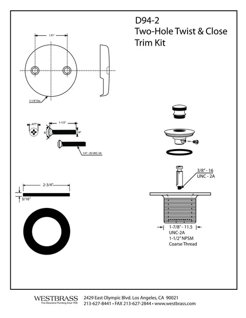 Twist And Close Tub Trim Set With Two Hole Overflow Faceplate In Matte Black For One And One Half Inch Drains Includes Brass Screws