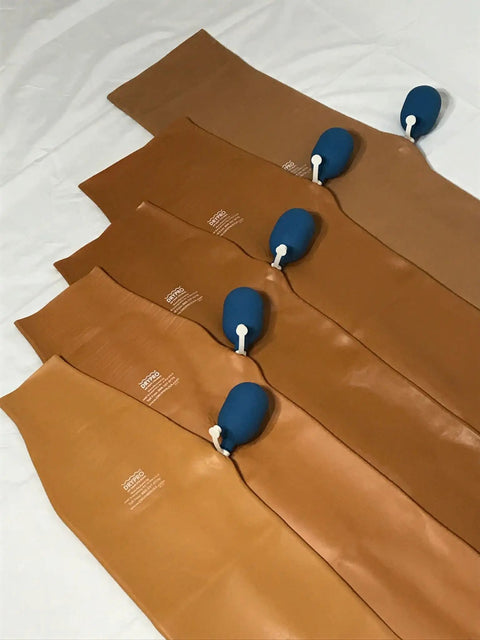 Waterproof Prosthetic Leg Cover For Swimming And Shower, Airtight Submersible Sleeve, Small Size PL 13, brown with blue pumps