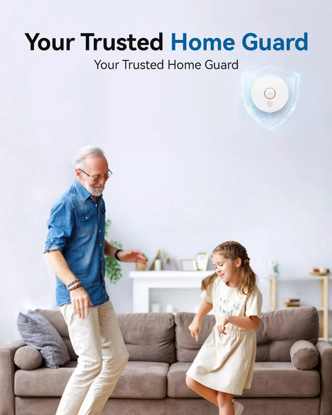 Man and child in living room near Ten Year Smoke Alarm With Photoelectric Sensor And Magnetic Mounting Kit, wall-mounted.