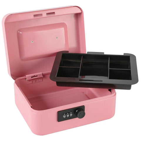 Steel Cash Box Safe With Combination Lock Pink Money Safe Box With Removable Coin Tray Medium Size 7.87 By 6.30 By 3.54 Inches Durable Steel Construction