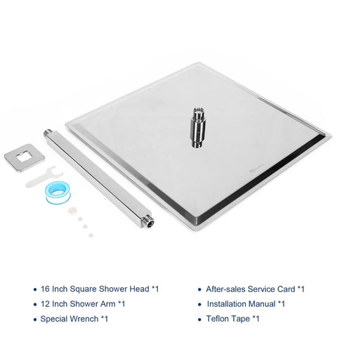 Rain Shower Head With Arm And Square Ceiling Mount, 16 Inch Stainless Steel Chrome Finish, flat layout with included accessories