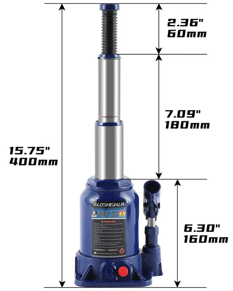 Double Ram Bottle Jack Hydraulic Welded 6 Ton Truck Jack With Three Stage Lift And Extension Screw Top, dimensions labeled.