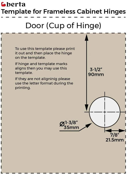 Template for Inset Soft Close Frameless Cabinet Hinges for Kitchen, showing measurements for 35mm Cup, 3-1/2 inch depth.