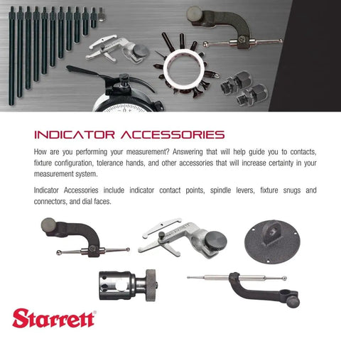 Indicator accessories including contact points, levers, snug fixtures, and dial faces for precise measurement setup