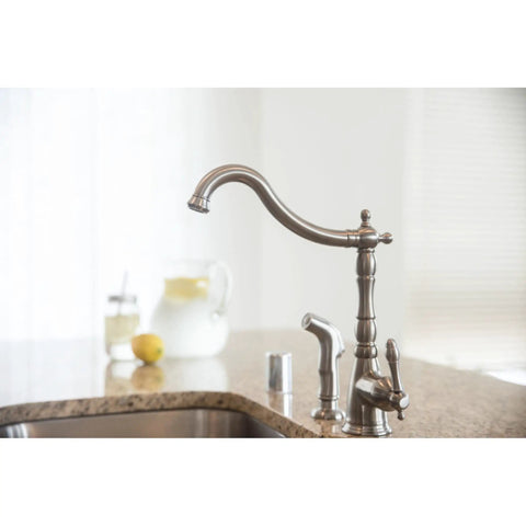 Single Handle Kitchen Faucet With Side Sprayer in Satin Nickel Finish, Victorian Style 2 Hole Mount, Brass Construction on counter