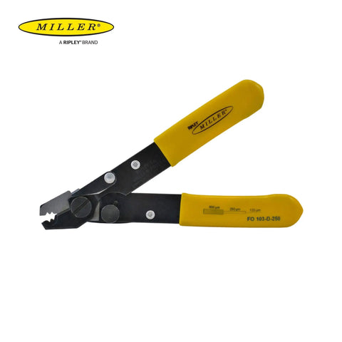 FO 103 D Series Dual Hole Fiber Optic Stripper for Tech Pros and Electricians, portable, yellow grip, V-shaped opening