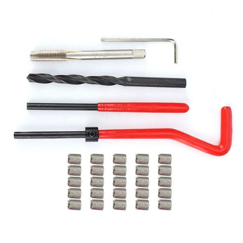 30 Piece Thread Repair Kit With Stainless Steel M6x1 Threaded Inserts And Drill Tap Wrench Set components arrangement